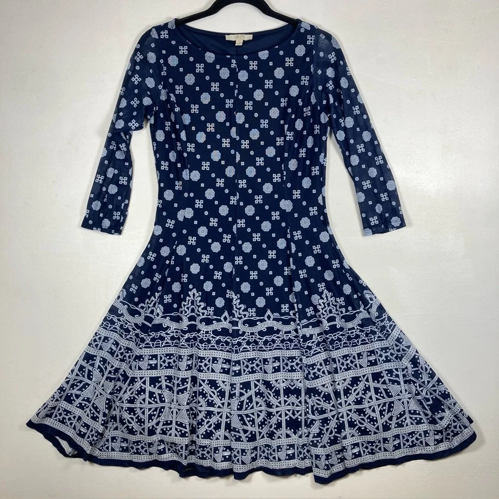 Haani Midi Dress Fit & Flare mesh Navy Blue Petite Small Boho Bohemian - Picture 14 of 16